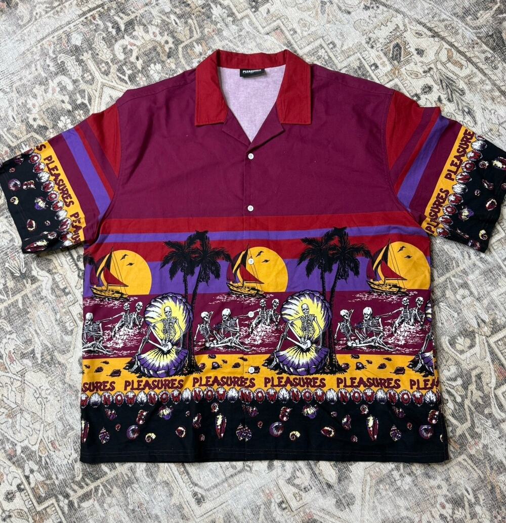 PLEASURES BEACH BUTTON DOWN SHIRT BURGUNDY Skeleton Beach Halloween Sz XXL